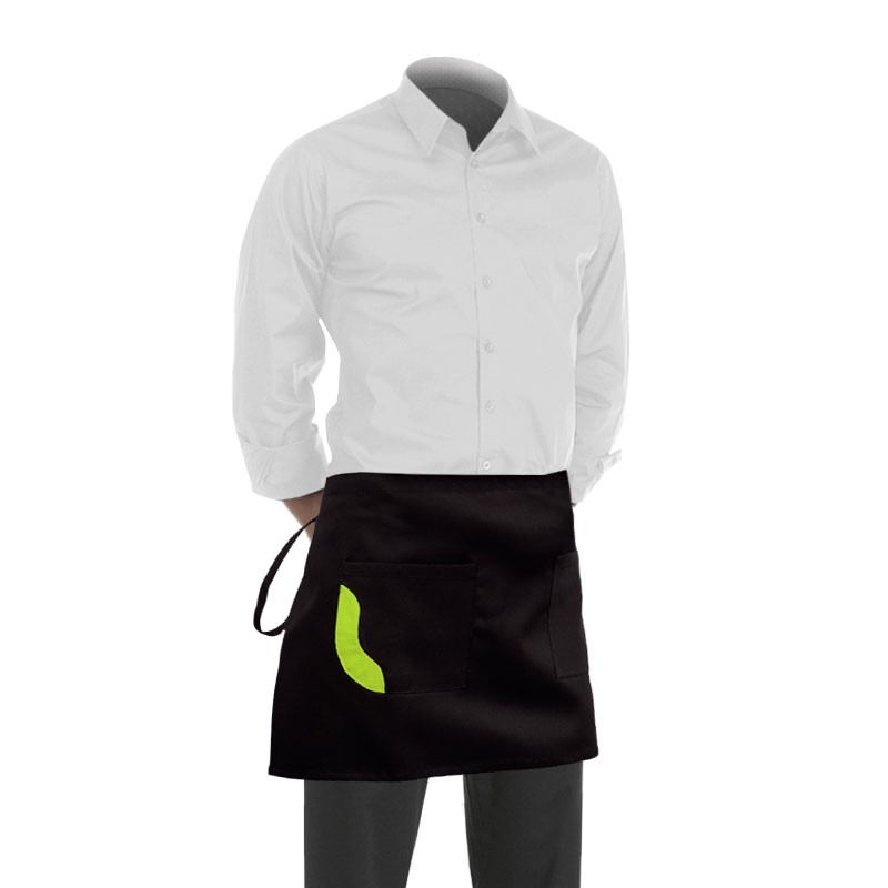 Tablier de cuisine noir de 40cm avec une poche ornée d'un liseré vert anis