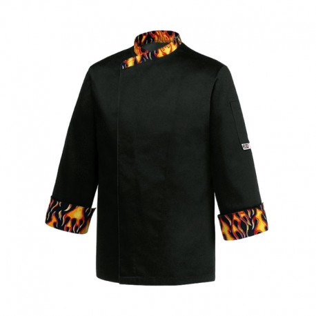VESTE DE CUISINE DEVIL, veste noire avec motif flamme, originalité et qualité, coupe droite manches longues