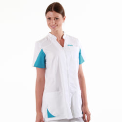 Blouse médicale femmes  2SAN blanc & bleu ciel manches courtes promotions