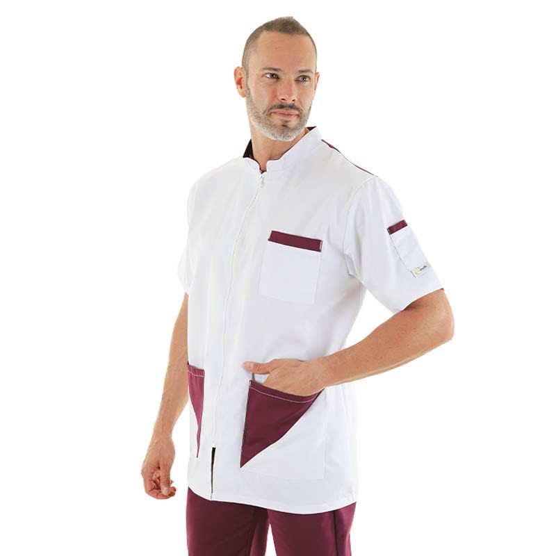 blouse médicale homme blanc et prune lavable a 60 degres