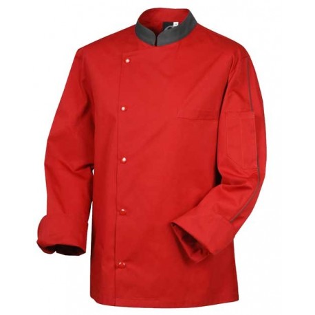 CHEF JACKET ORAGE, rouge avec col gris, manches longues, élégance en cuisine