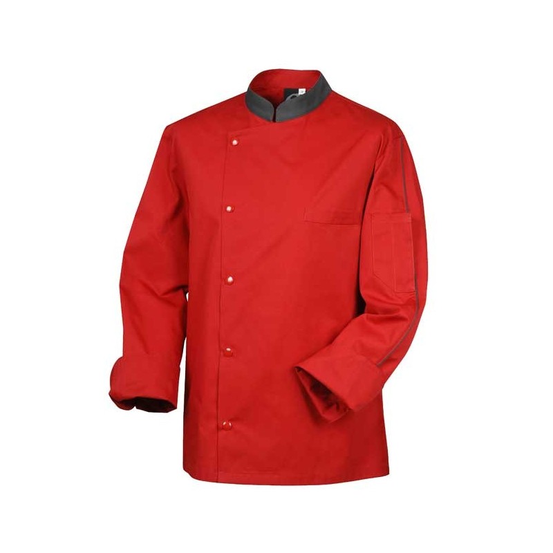 CHEF JACKET ORAGE, rouge avec col gris, manches longues, élégance en cuisine
