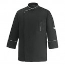 Veste de Cuisine microfibre noire liseré blanc, coupe droite, poche poitrine, marque Manelli