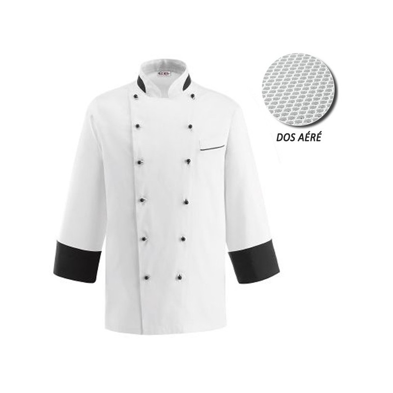 Veste de Cuisine blanche dos aéré - Nano, bouton noir, double fermeture, coupe droite