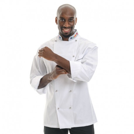 veste de cuisine blanche pour homme détail drapeau