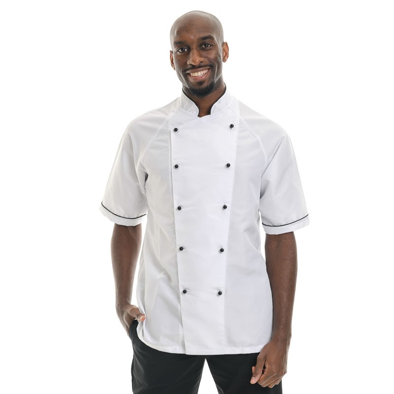 Veste de cuisine LINO, blanche à boutons noirs, légère dos respirant