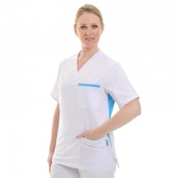 Blouse médicale femme blanc et bleu manche courte promotion confort