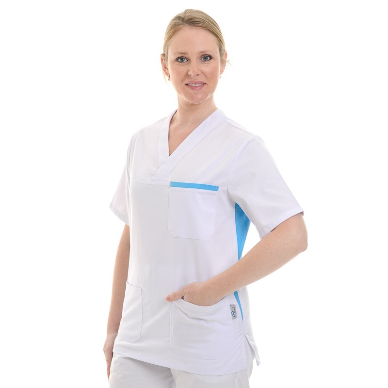 Blouse médicale femme blanc et bleu manche courte promotion confort