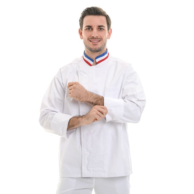 veste de pâtissier blanche col tricolore
