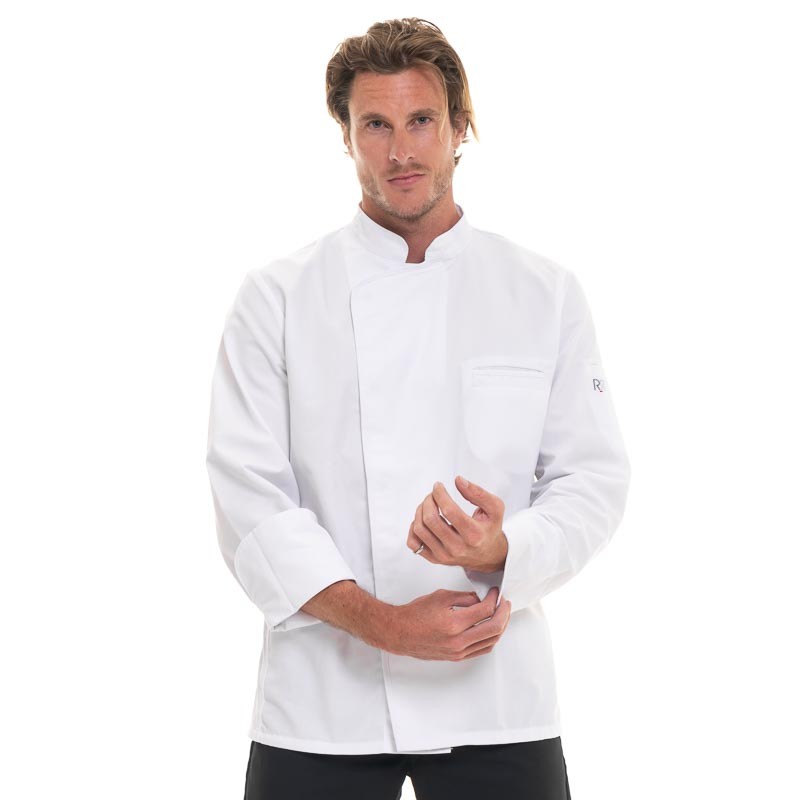 Veste de cuisine manches longues blanche avec col et liseré noir pour homme  Robur - Vetiwork