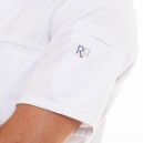 Détail logo épaule de la veste de cuisine manches courtes ABAX blanc