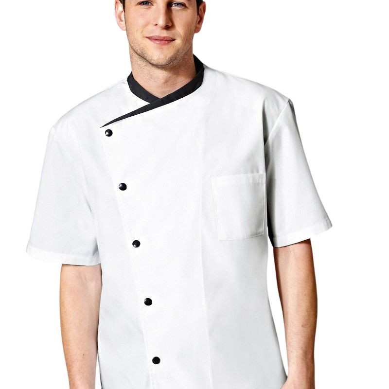 Veste de cuisine blanche juliuso Bragard, blanc et noir, bouton côté