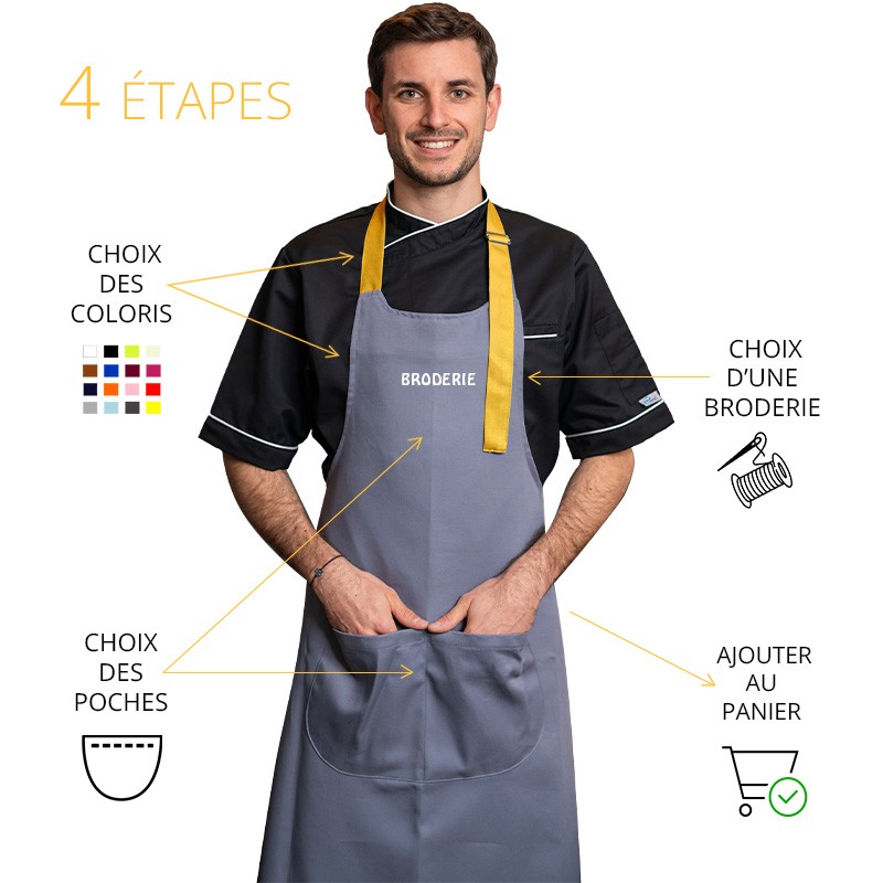 Créez votre tablier de cuisine Manelli® à vos couleurs avec choix des poches et de broderie.