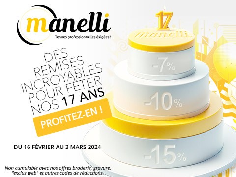 Pour fêter notre17ème anniversaire,profitez de remises incroyables sur Manelli.fr, jusqu'à 15% de remise avec nos codes anniversaire